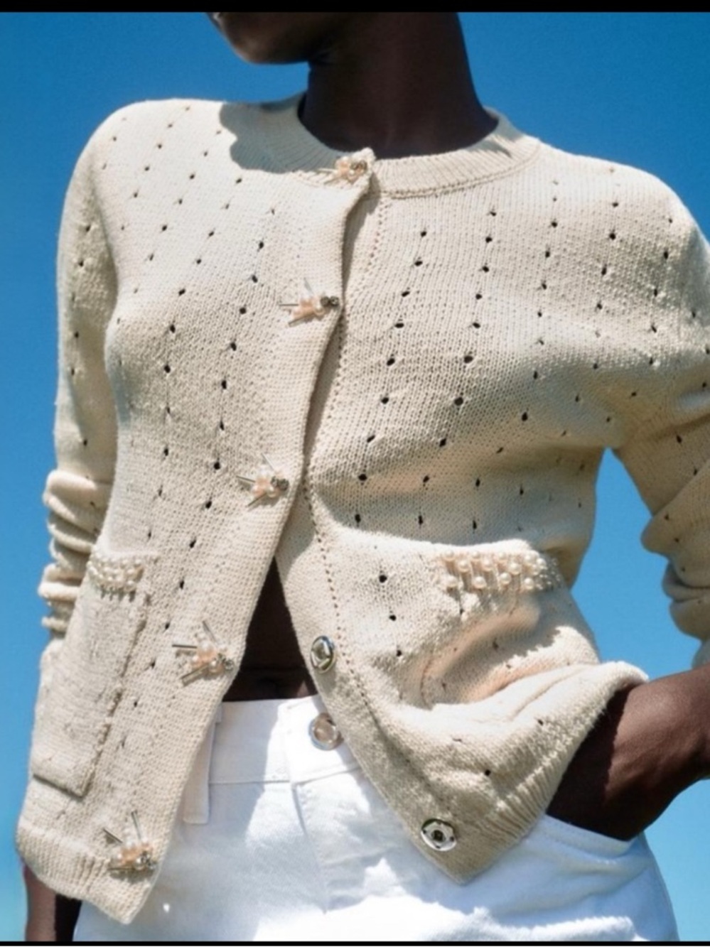 Zara Cream Knit Cardigan Sweater w/ Pearl Detail & Pockets – Size L - Picture 2 of 6